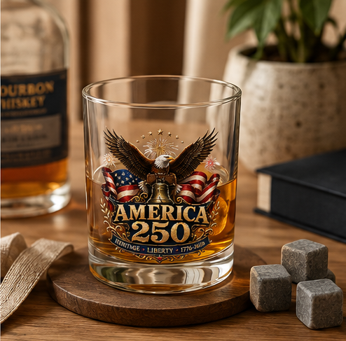 Stars, Stripes & Bourbon Whiskey Glass — America 250th Anniversary 10oz Bourbon Glass