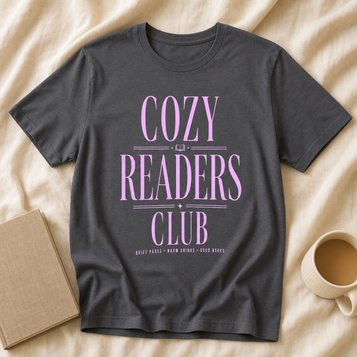 Cozy Readers Club feminine literary tee in Charcoal, editorial hero