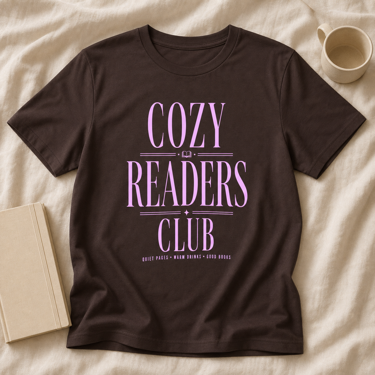 Cozy Readers Club feminine literary tee in Dark Chocolate, editorial hero