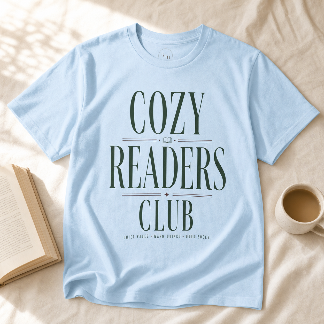 Cozy Readers Club feminine literary tee in Light Blue, editorial hero