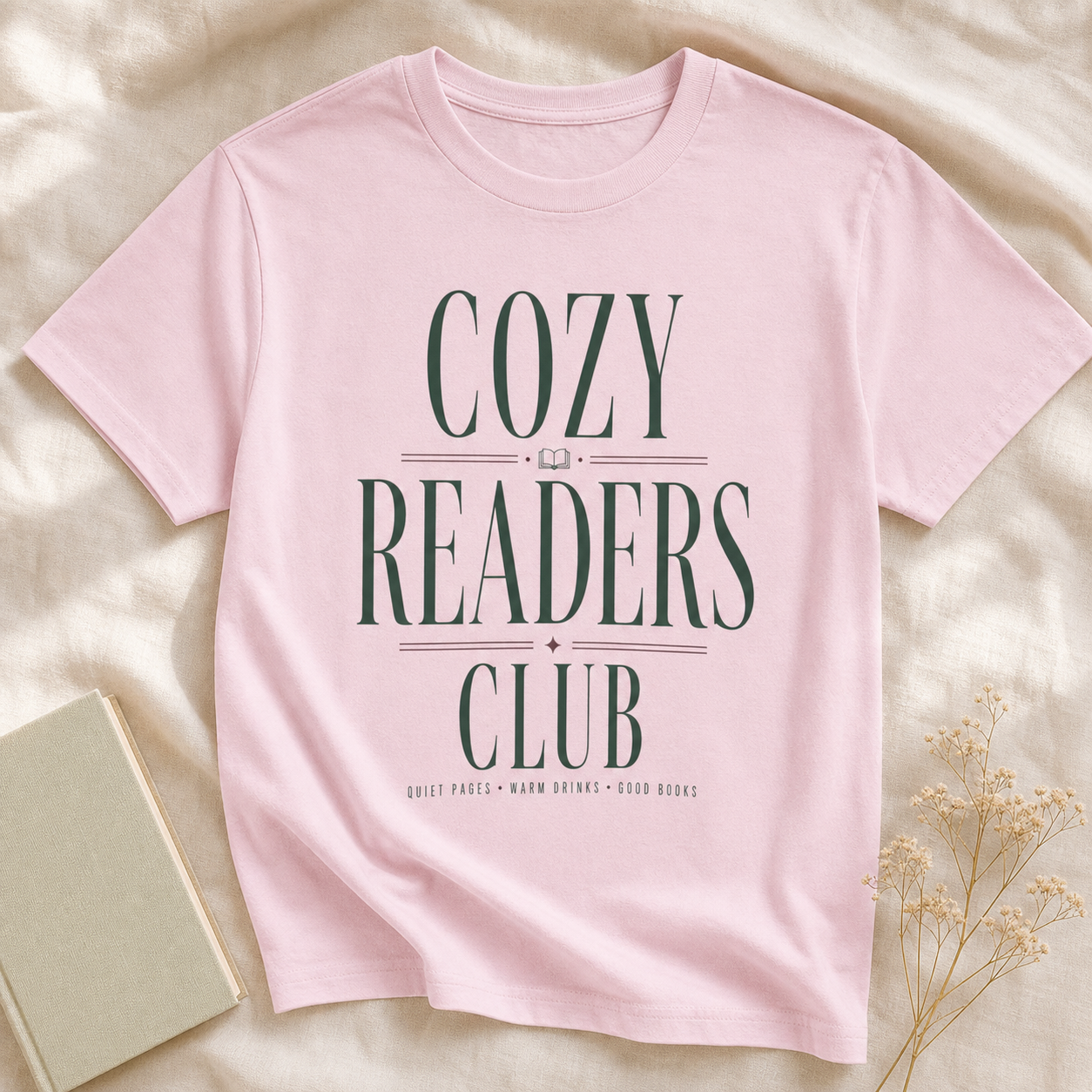 Cozy Readers Club feminine literary tee in Light Pink, editorial hero