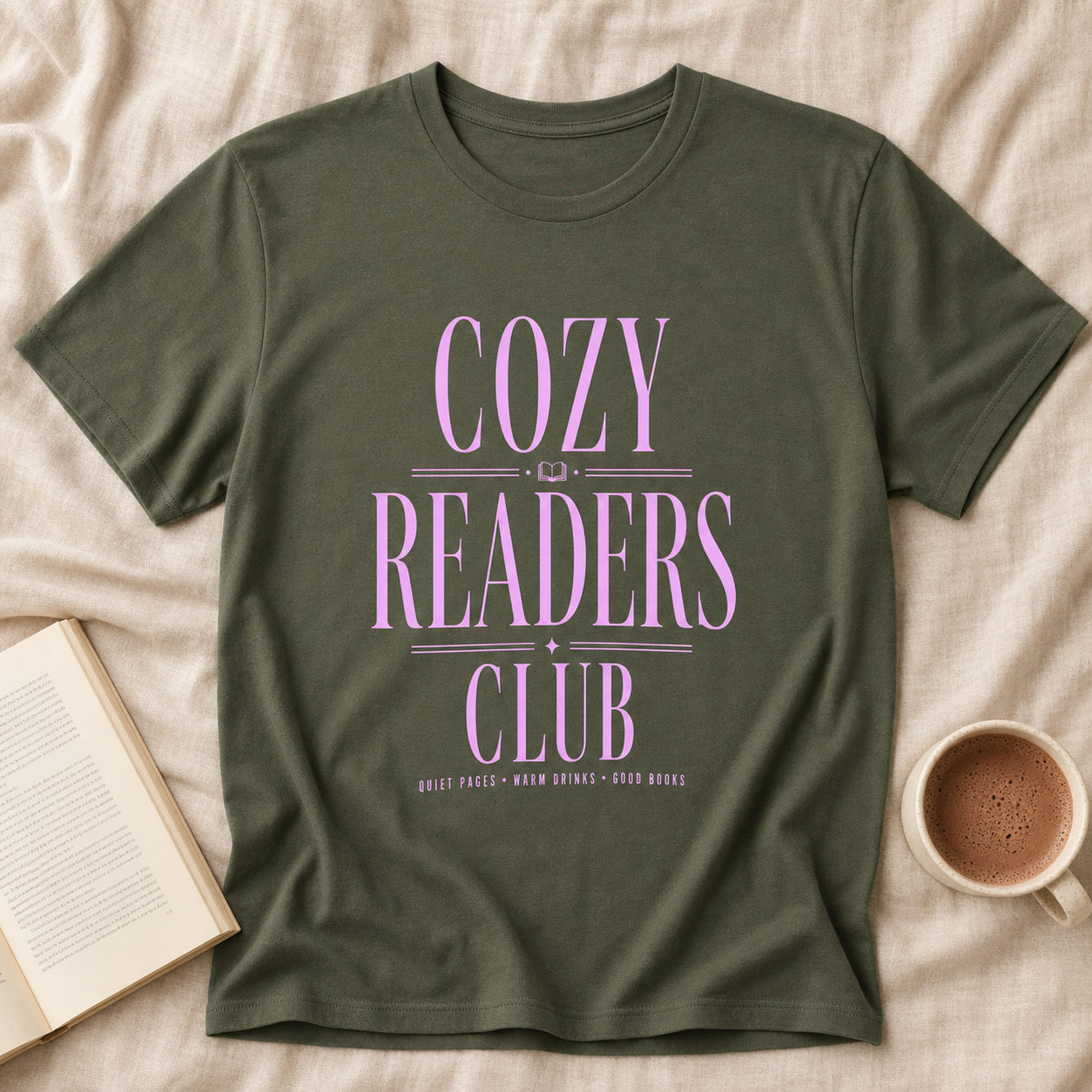Cozy Readers Club feminine literary tee in Military Green, editorial hero