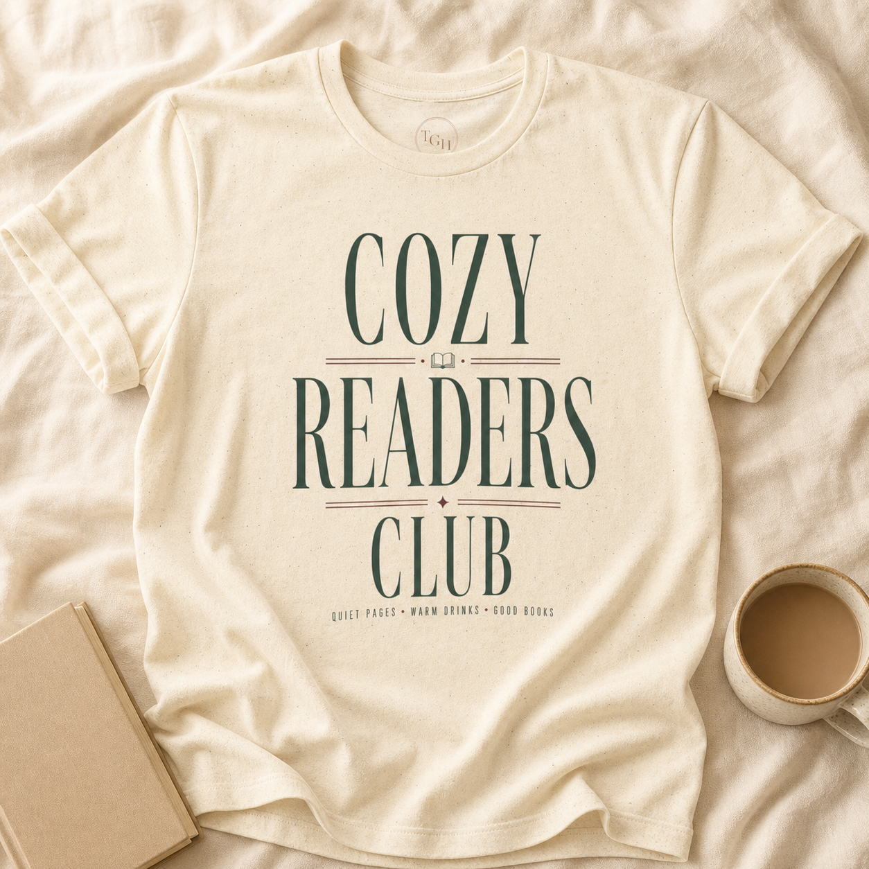 Cozy Readers Club feminine literary tee in Natural, editorial hero