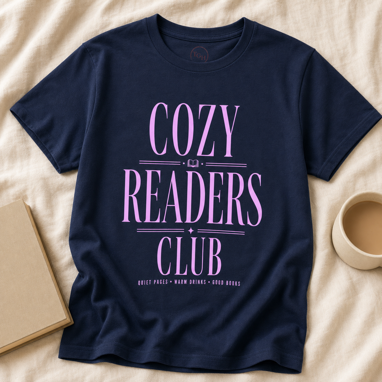 Cozy Readers Club feminine literary tee in Navy, editorial hero