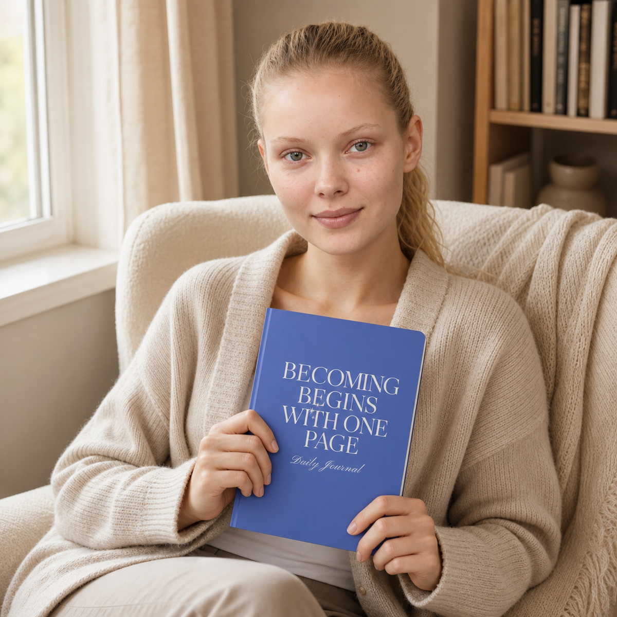 Woman holding the blue Becoming Begins with One Page daily journal in a cozy reading chair