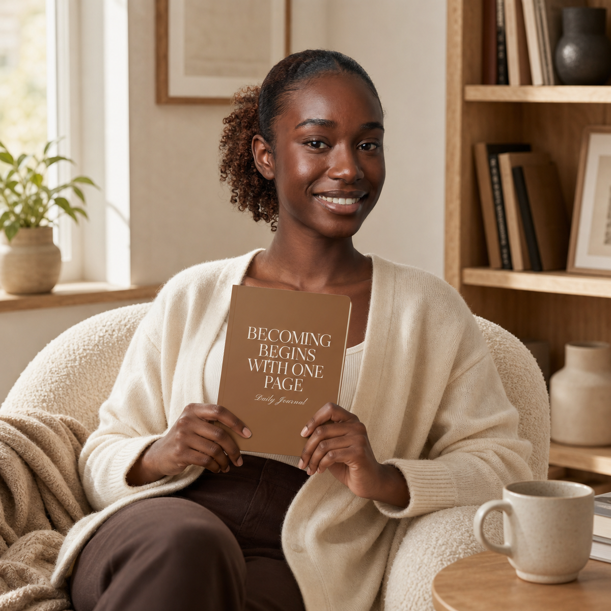 Woman holding the brown Becoming Begins with One Page daily journal in a cozy reading chair
