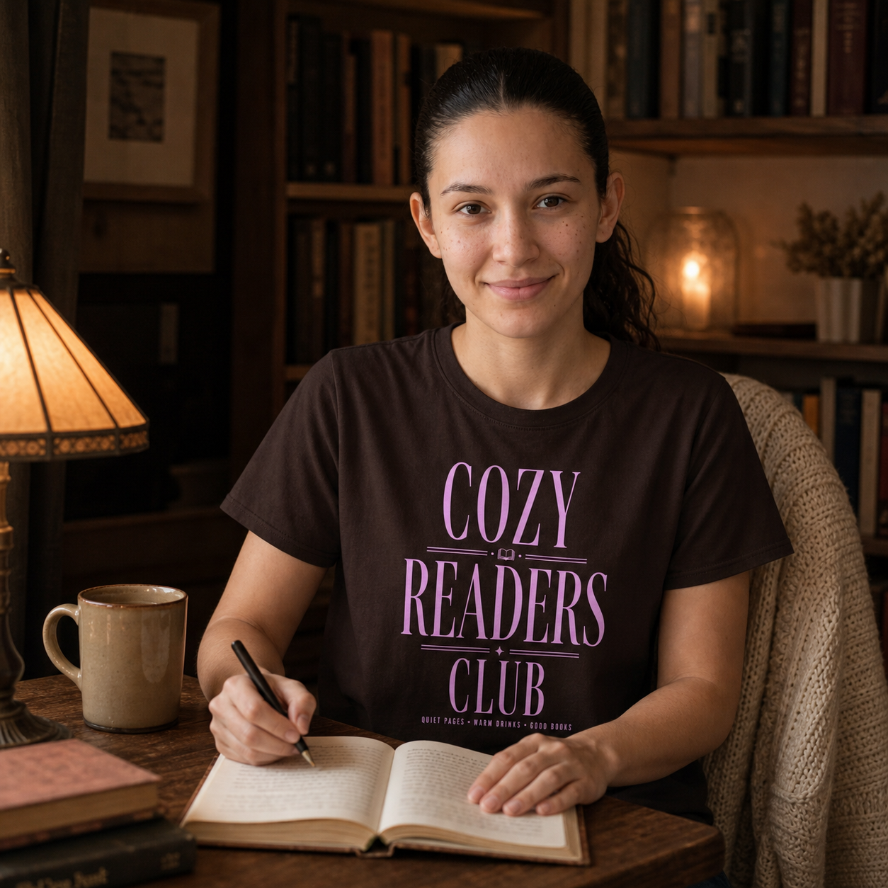 Woman journaling in a cozy reading nook while wearing the Dark Chocolate Cozy Readers Club tee