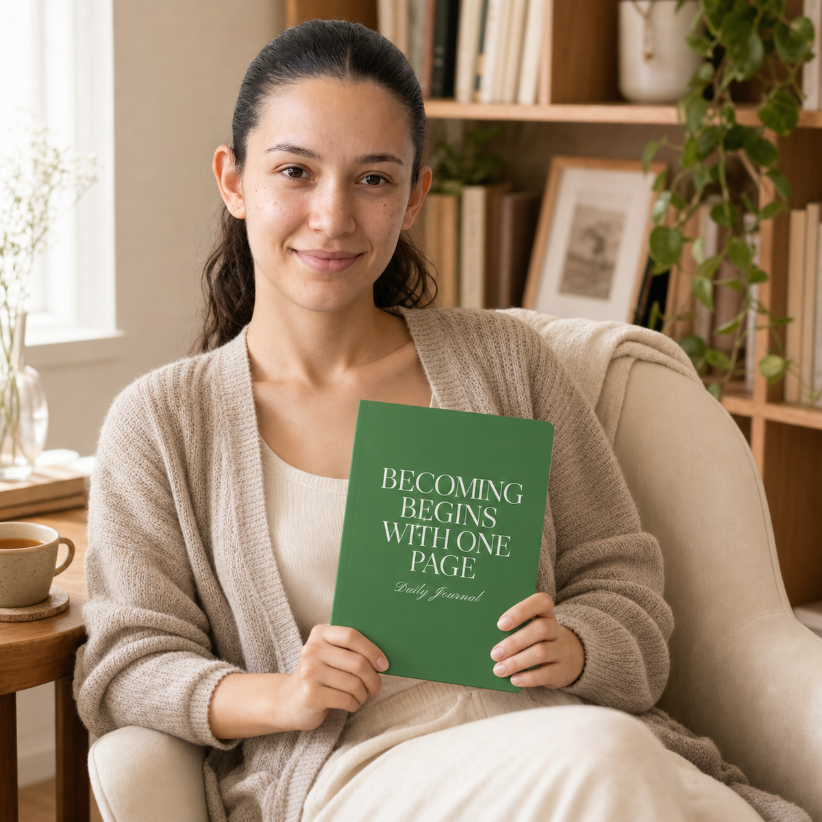 Woman holding the green Becoming Begins with One Page daily journal in a cozy reading chair