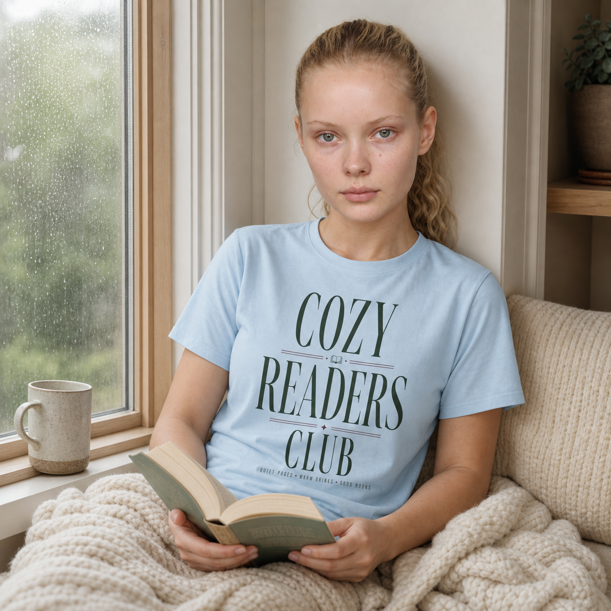 Woman reading by a cozy window while wearing the Light Blue Cozy Readers Club tee
