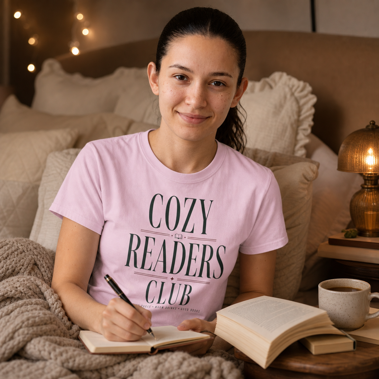 Woman journaling in a cozy bedroom while wearing the Light Pink Cozy Readers Club tee