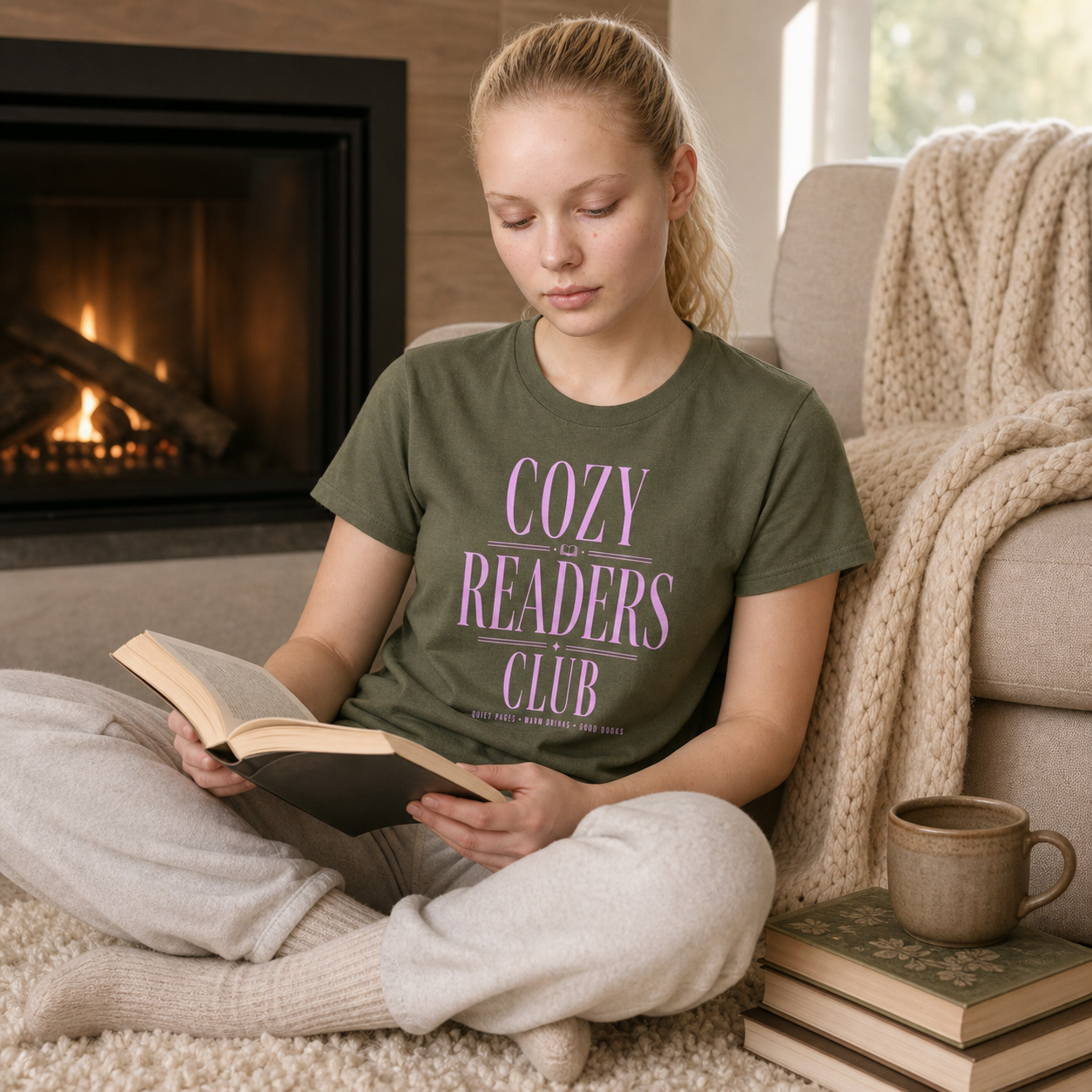 Woman reading by a cozy fireplace while wearing the Military Green Cozy Readers Club tee