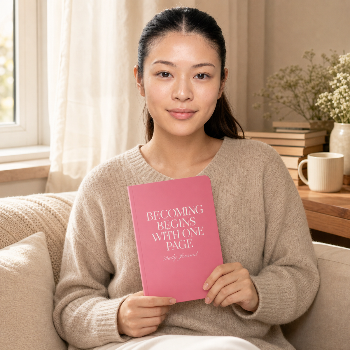 Woman holding the pink Becoming Begins with One Page daily journal in a cozy reading chair