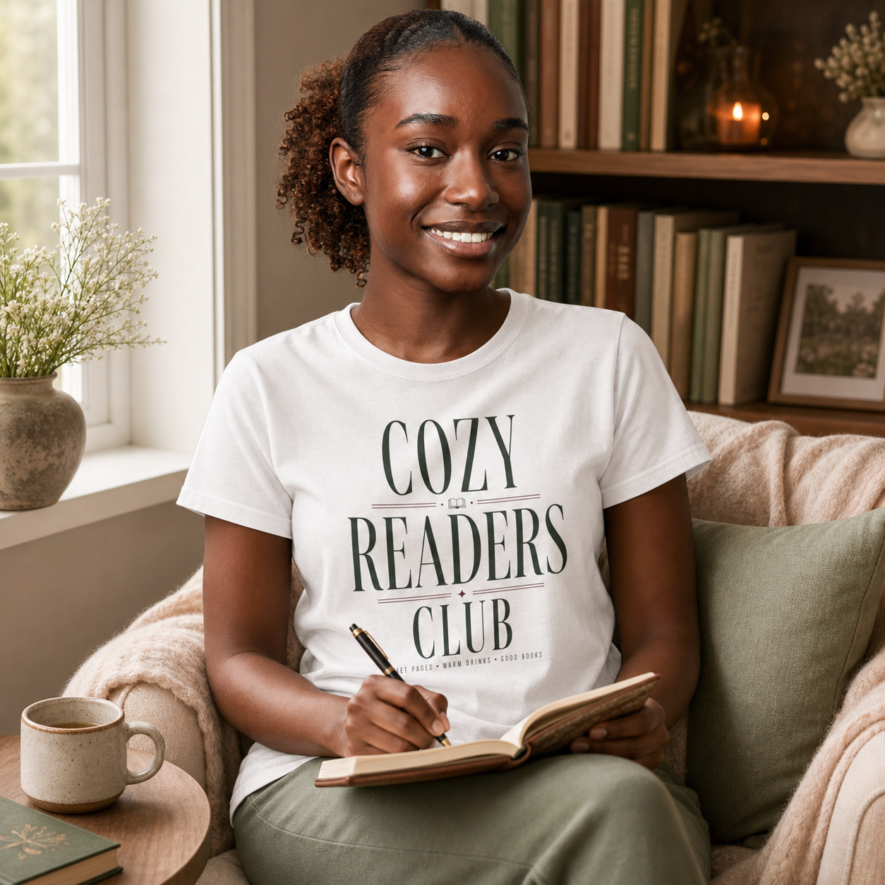 Woman writing in a journal while wearing the White Cozy Readers Club tee