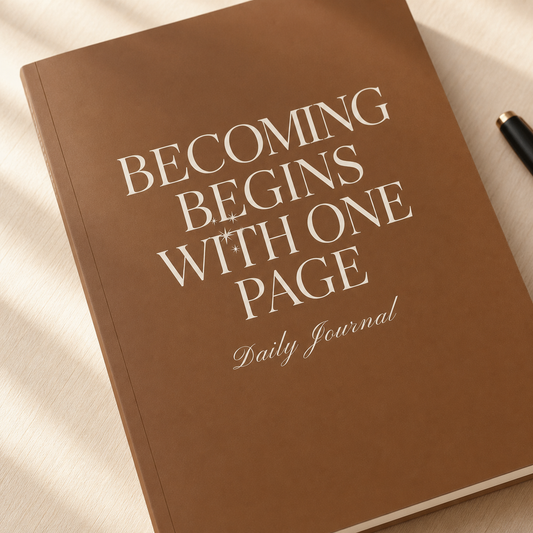 Close-up of the brown journal satin cover, rounded corner, and cream typography