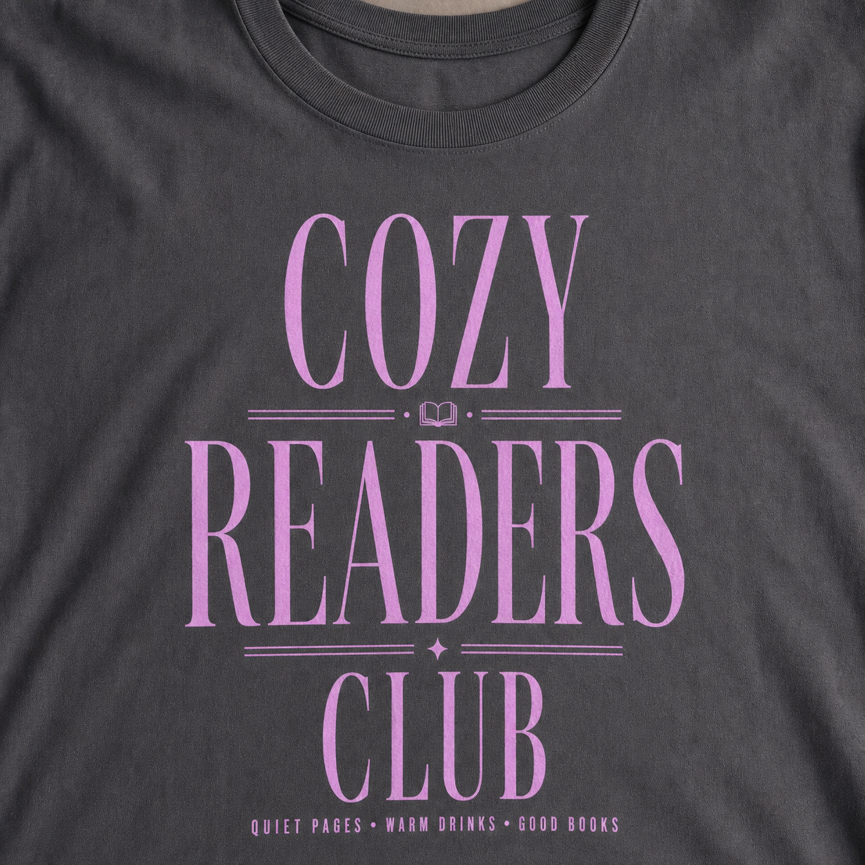 Charcoal Cozy Readers Club tee print and cotton texture close-up