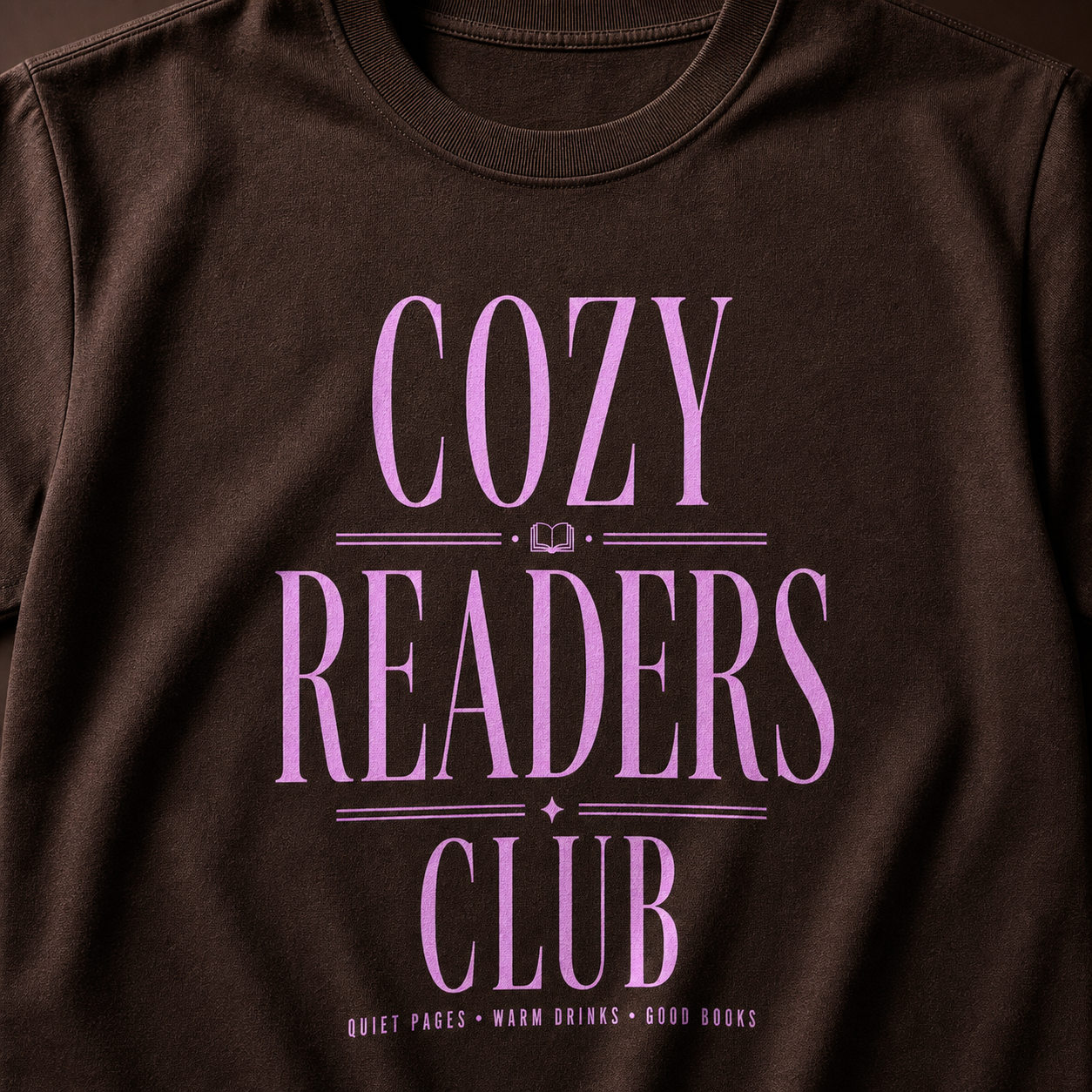 Dark Chocolate Cozy Readers Club tee print and cotton texture close-up