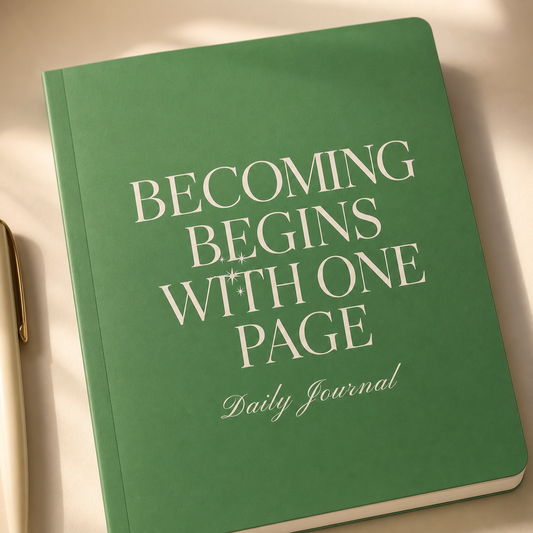 Close-up of the green journal satin cover, rounded corner, and cream typography