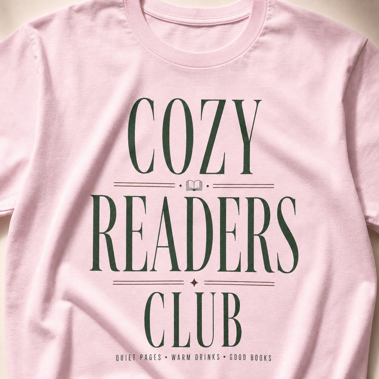 Light Pink Cozy Readers Club tee print and cotton texture close-up