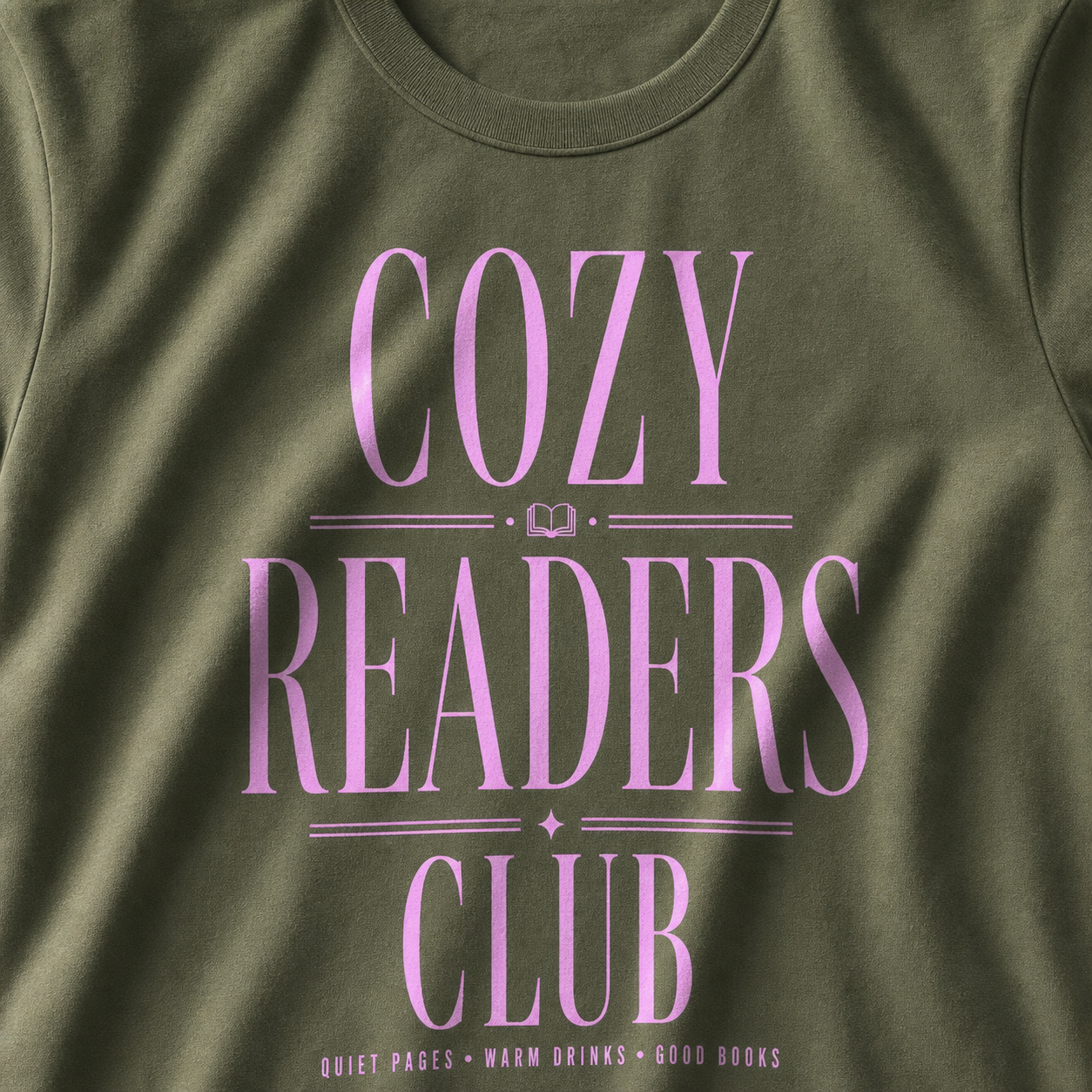 Military Green Cozy Readers Club tee print and cotton texture close-up