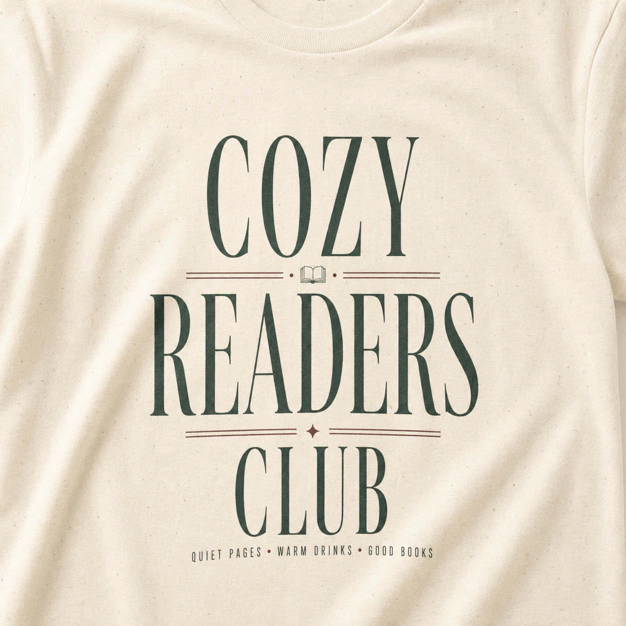 Natural Cozy Readers Club tee print and cotton texture close-up