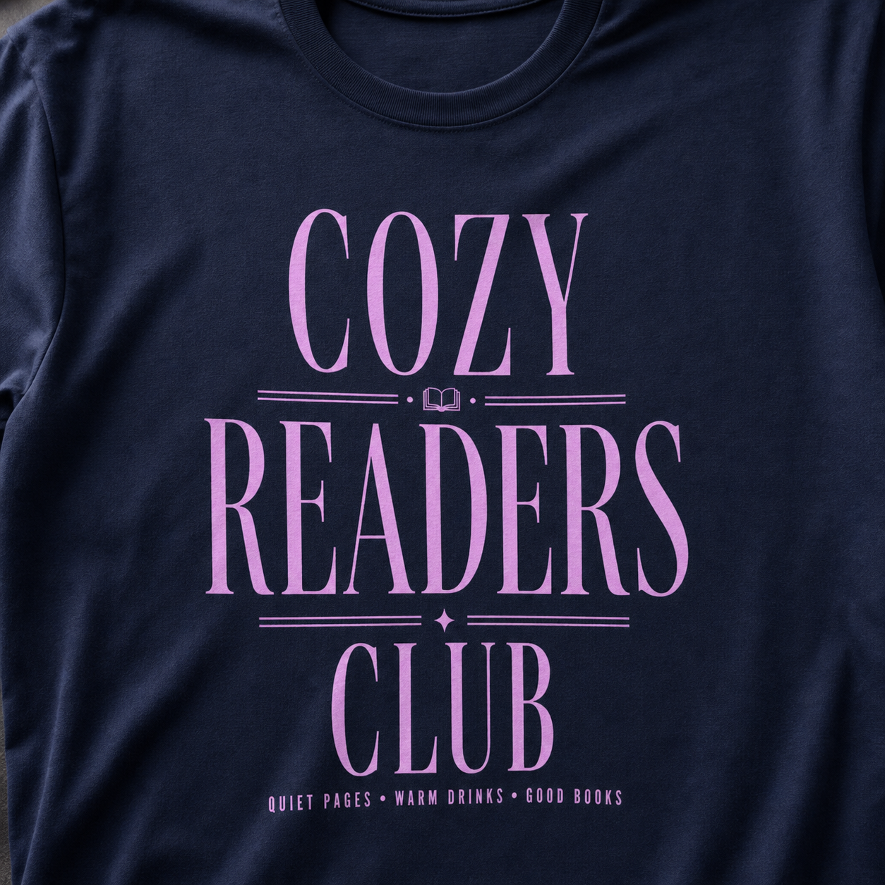 Navy Cozy Readers Club tee print and cotton texture close-up