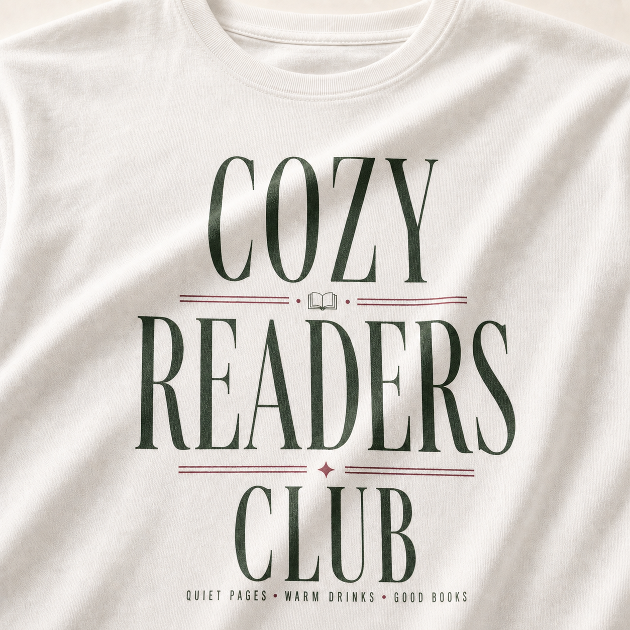 White Cozy Readers Club tee print and cotton texture close-up