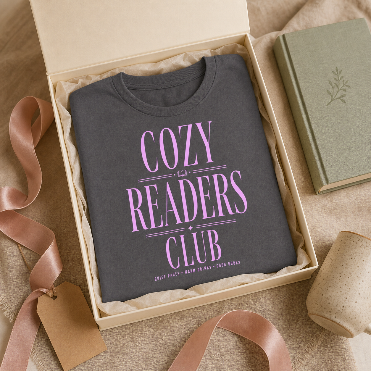 Charcoal Cozy Readers Club tee presented as a book lover gift
