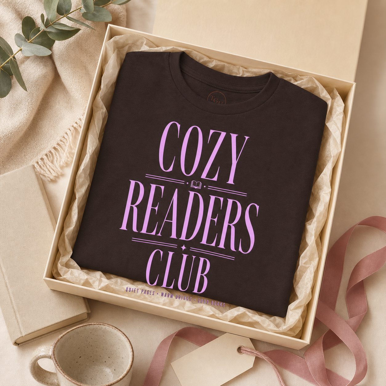 Dark Chocolate Cozy Readers Club tee presented as a book lover gift