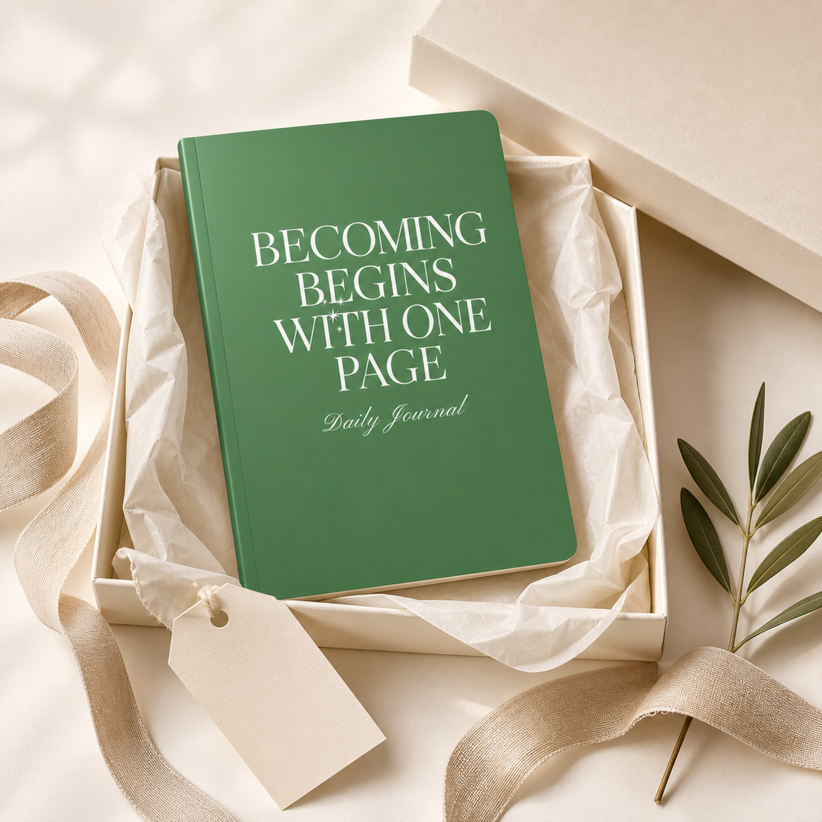 Green Becoming Begins with One Page journal presented in a cream gift box