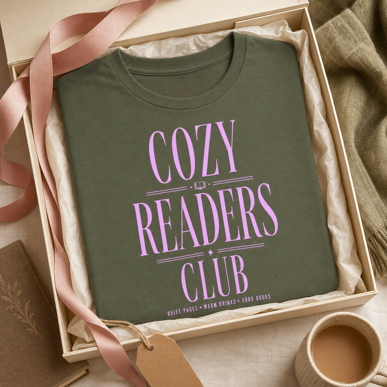 Military Green Cozy Readers Club tee presented as a book lover gift