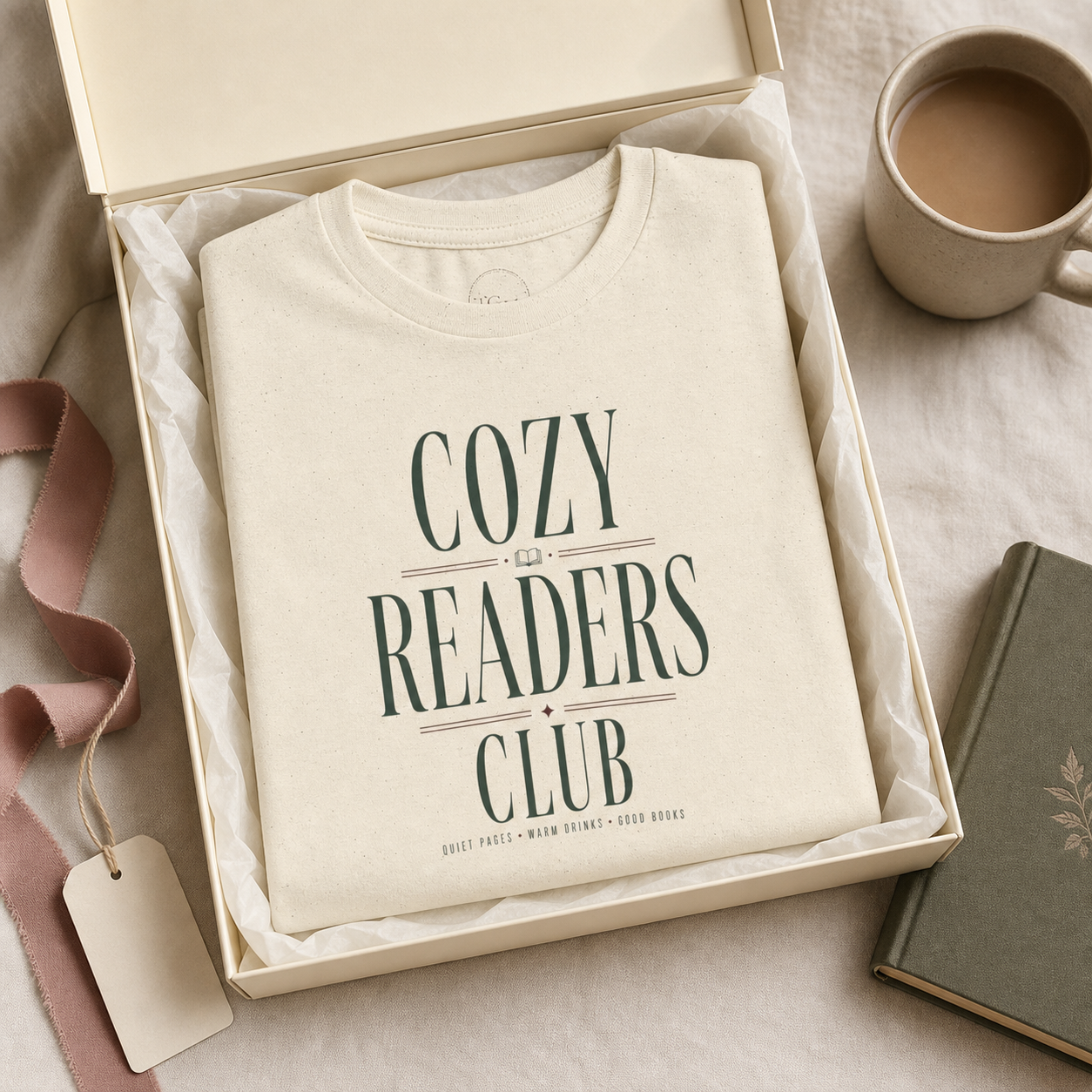 Natural Cozy Readers Club tee presented as a book lover gift