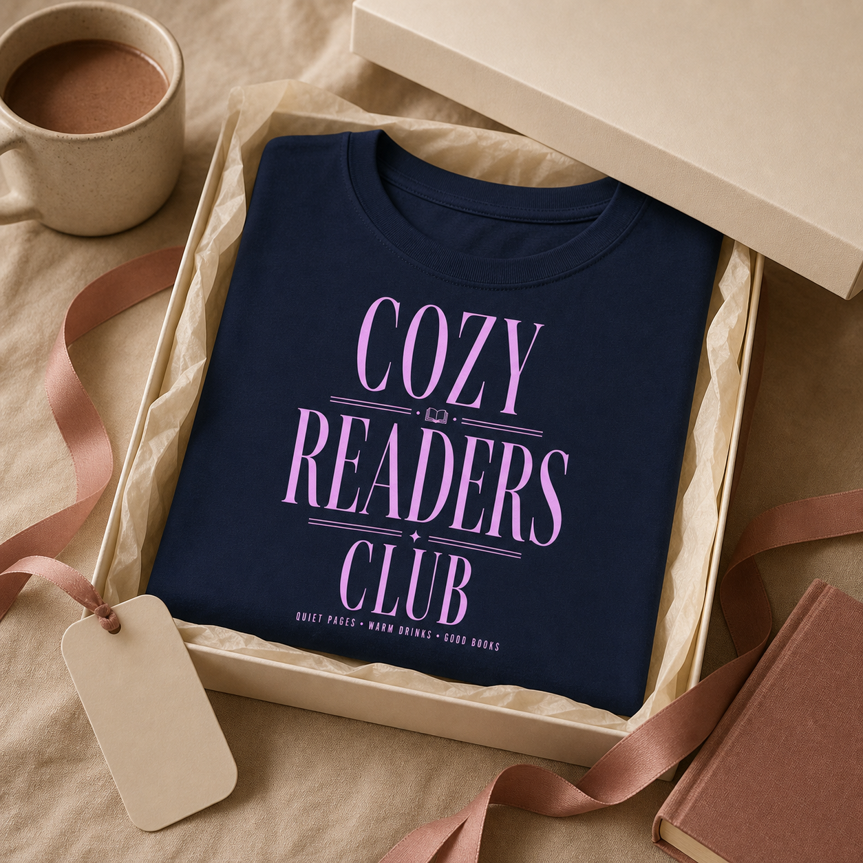 Navy Cozy Readers Club tee presented as a book lover gift