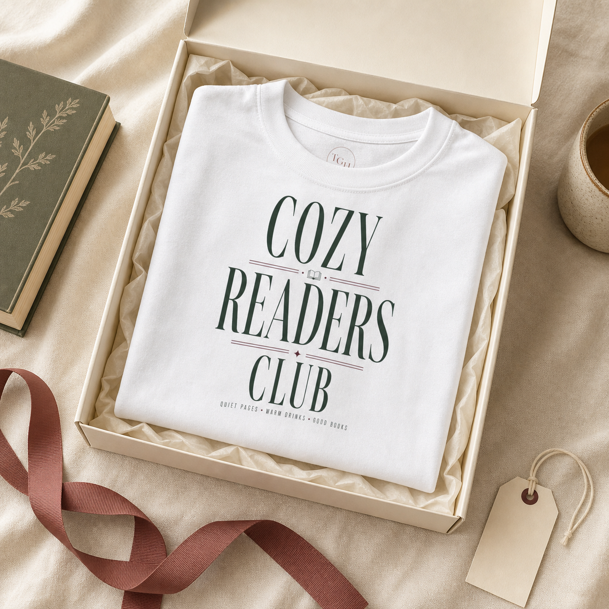 White Cozy Readers Club tee presented as a book lover gift