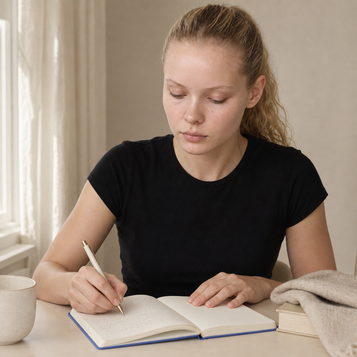 Woman writing in the blue Becoming Begins with One Page daily journal at a cozy desk