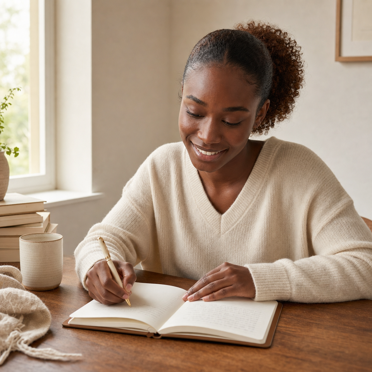 Woman writing in the brown Becoming Begins with One Page daily journal at a cozy desk