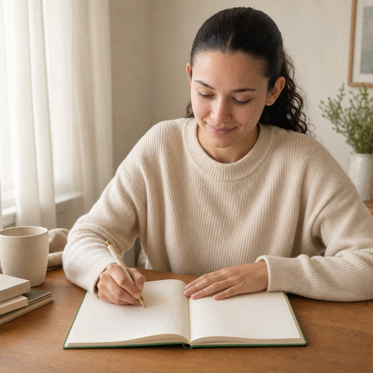 Woman writing in the green Becoming Begins with One Page daily journal at a cozy desk
