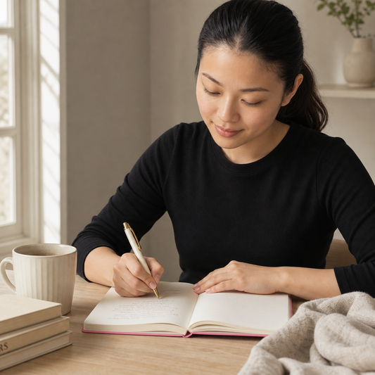 Woman writing in the pink Becoming Begins with One Page daily journal at a cozy desk