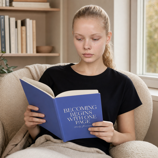 Woman reading the blue Becoming Begins with One Page daily journal in a cozy chair