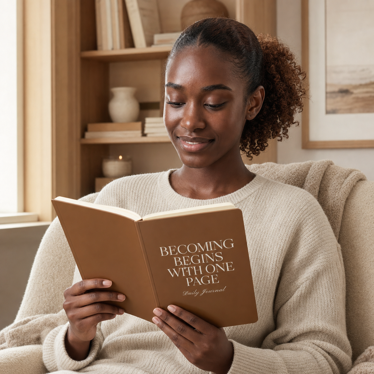Woman reading the brown Becoming Begins with One Page daily journal in a cozy chair