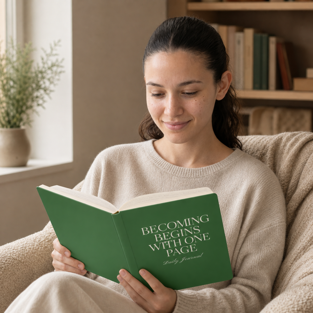 Woman reading the green Becoming Begins with One Page daily journal in a cozy chair