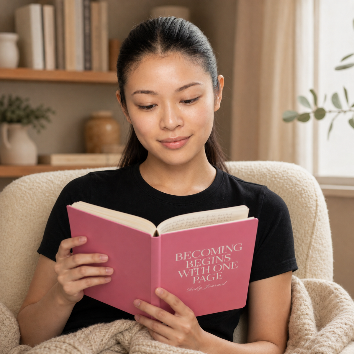 Woman reading the pink Becoming Begins with One Page daily journal in a cozy chair