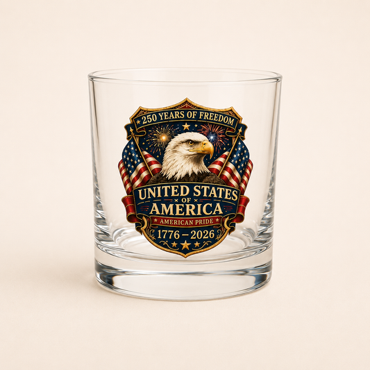 1776–2026 America 250th Anniversary Whiskey Glass — Patriotic 10oz Whiskey Glass