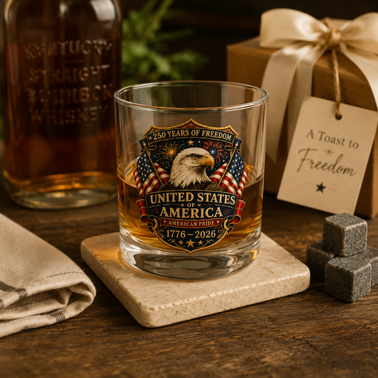 1776–2026 America 250th Anniversary Whiskey Glass — Patriotic 10oz Whiskey Glass