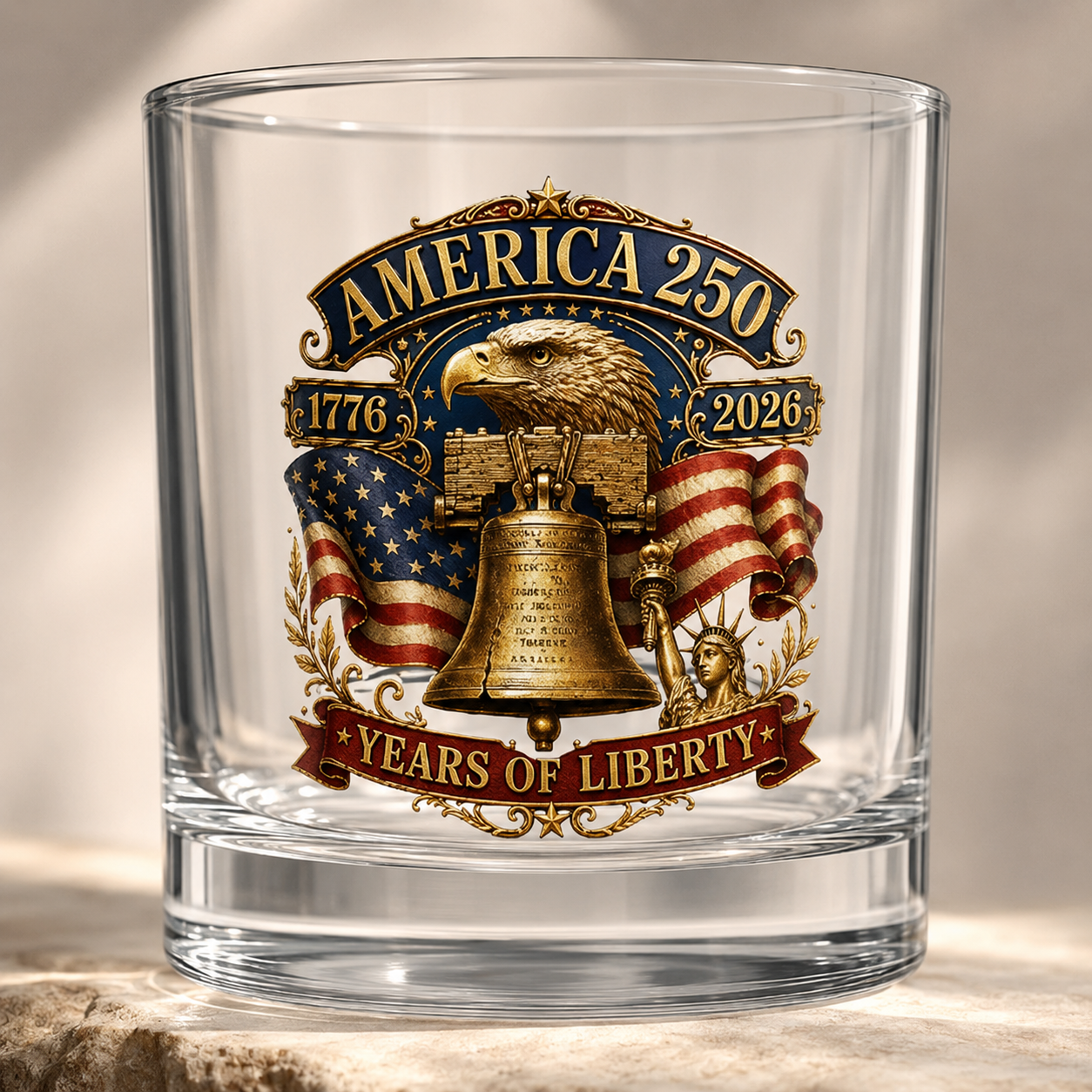 Liberty 1776 Whiskey Glass — America 250th Anniversary Patriotic Whiskey Glass