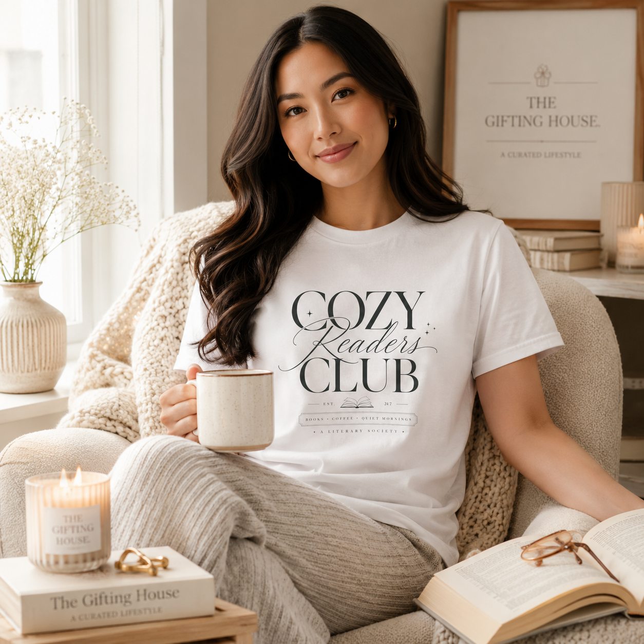 Cozy Readers Club T-Shirt - Elegant Book Lover Tee