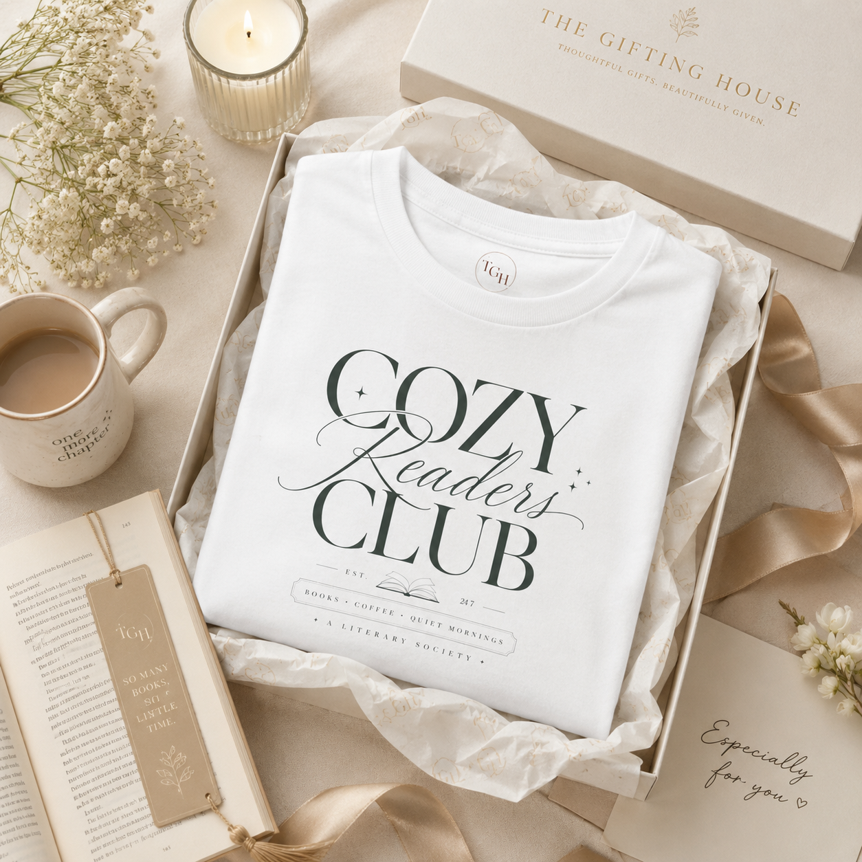 Cozy Readers Club T-Shirt - Elegant Book Lover Tee