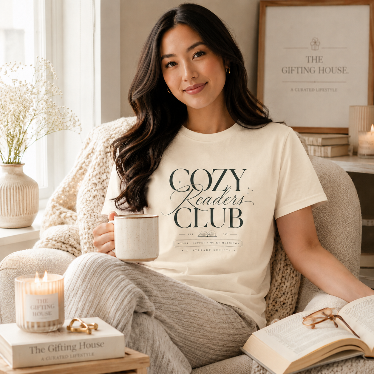 Cozy Readers Club T-Shirt - Elegant Book Lover Tee