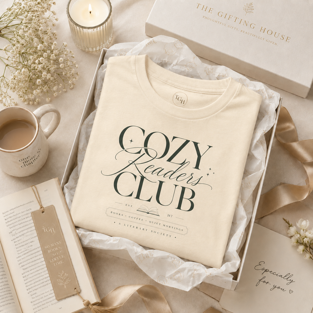 Cozy Readers Club T-Shirt - Elegant Book Lover Tee