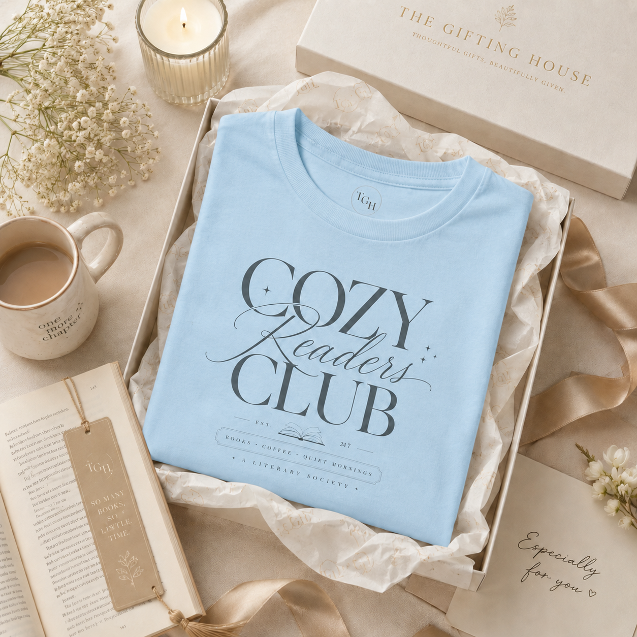 Cozy Readers Club T-Shirt - Elegant Book Lover Tee