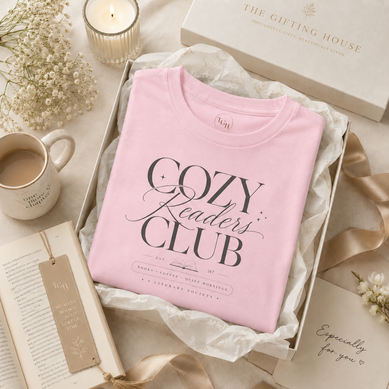 Cozy Readers Club T-Shirt - Elegant Book Lover Tee